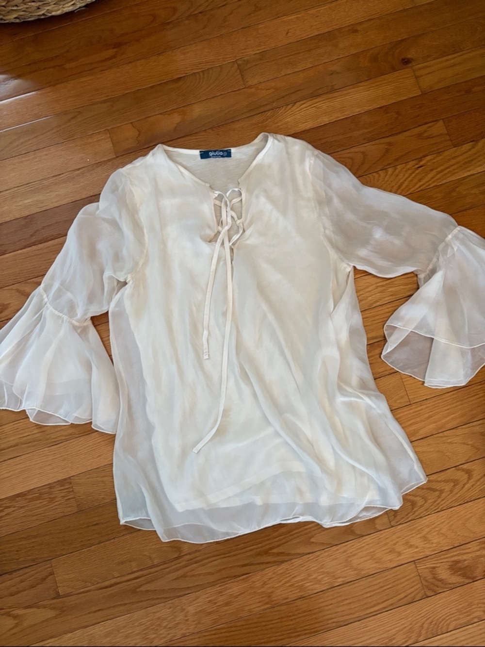 G by Giuliana Cream Sheer 100% silk Lace-Up Bell Sleeve Top